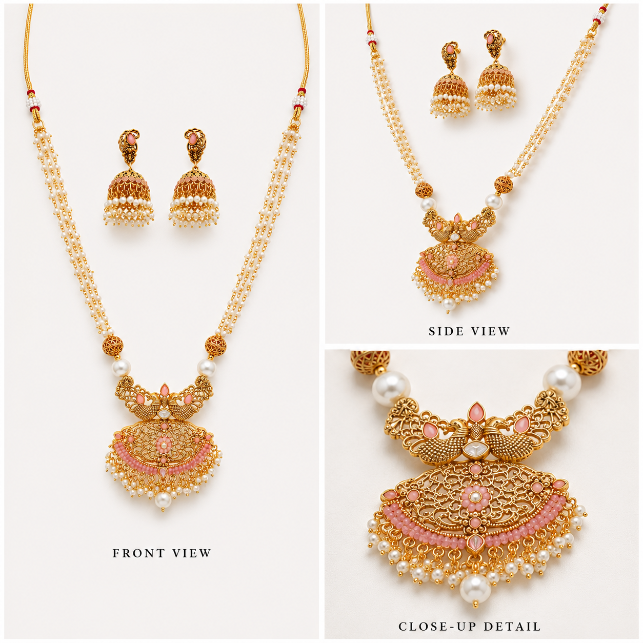 Traditional Pearl Pink Necklace & Jhumka Earrings Set – Gold Plated Indian Pakistani Wedding Jewellery Secondary image