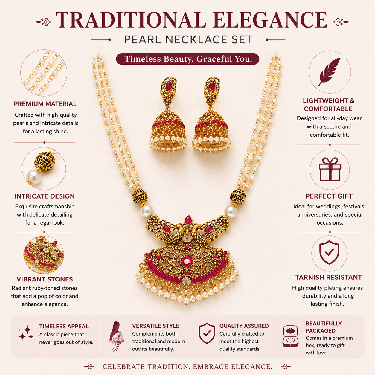Traditional Pearl Ruby Red Necklace & Jhumka Earrings Set – Gold Plated Indian Pakistani Wedding Jewellery Secondary image