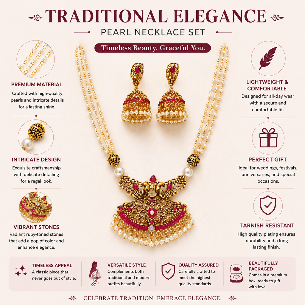 Pearl Necklace Set, Jhumka Earrings Set, Traditional Indian Jewellery, Pakistani Jewellery, Gold Plated Necklace Set, Bridal Jewellery, Wedding Jewellery, Pearl Jewellery, Statement Necklace, Ethnic Jewellery, Festival Jewellery, Women's Jewellery Gift, Luxury Traditional Necklace Set.