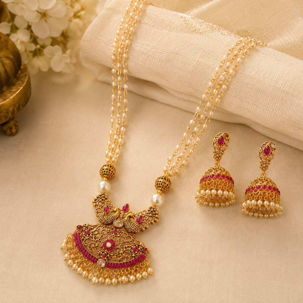 Pearl Necklace Set, Jhumka Earrings Set, Traditional Indian Jewellery, Pakistani Jewellery, Gold Plated Necklace Set, Bridal Jewellery, Wedding Jewellery, Pearl Jewellery, Statement Necklace, Ethnic Jewellery, Festival Jewellery, Women's Jewellery Gift, Luxury Traditional Necklace Set. Main image
