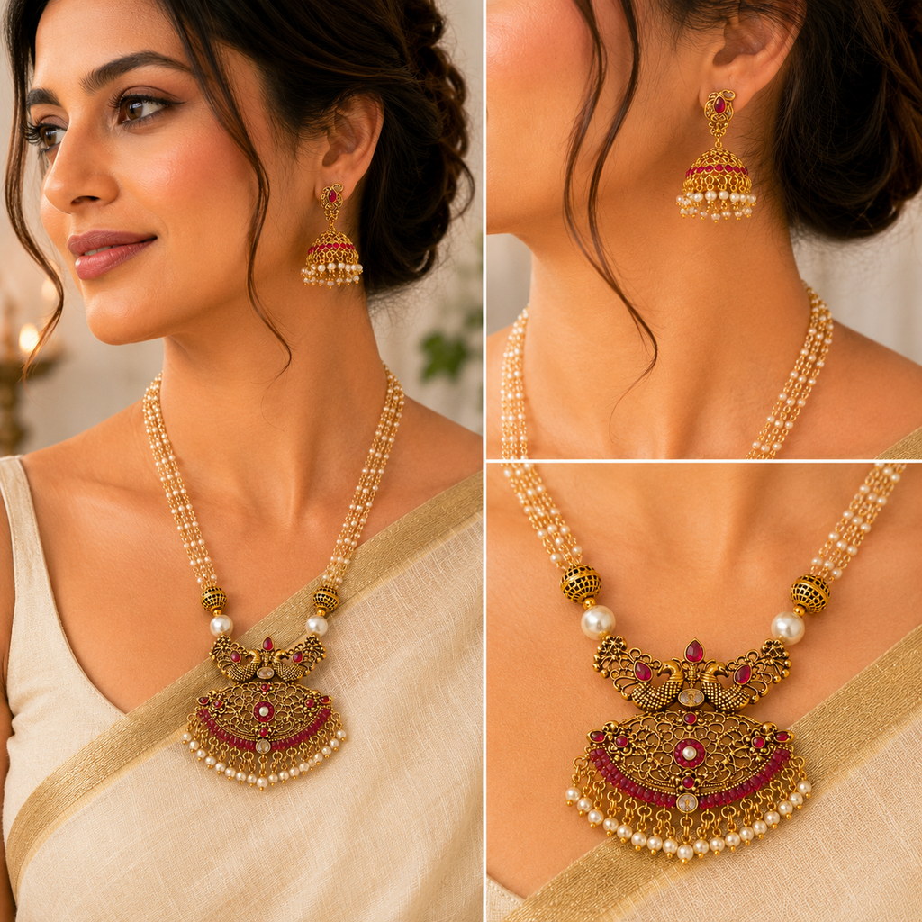 Pearl Necklace Set, Jhumka Earrings Set, Traditional Indian Jewellery, Pakistani Jewellery, Gold Plated Necklace Set, Bridal Jewellery, Wedding Jewellery, Pearl Jewellery, Statement Necklace, Ethnic Jewellery, Festival Jewellery, Women's Jewellery Gift, Luxury Traditional Necklace Set.