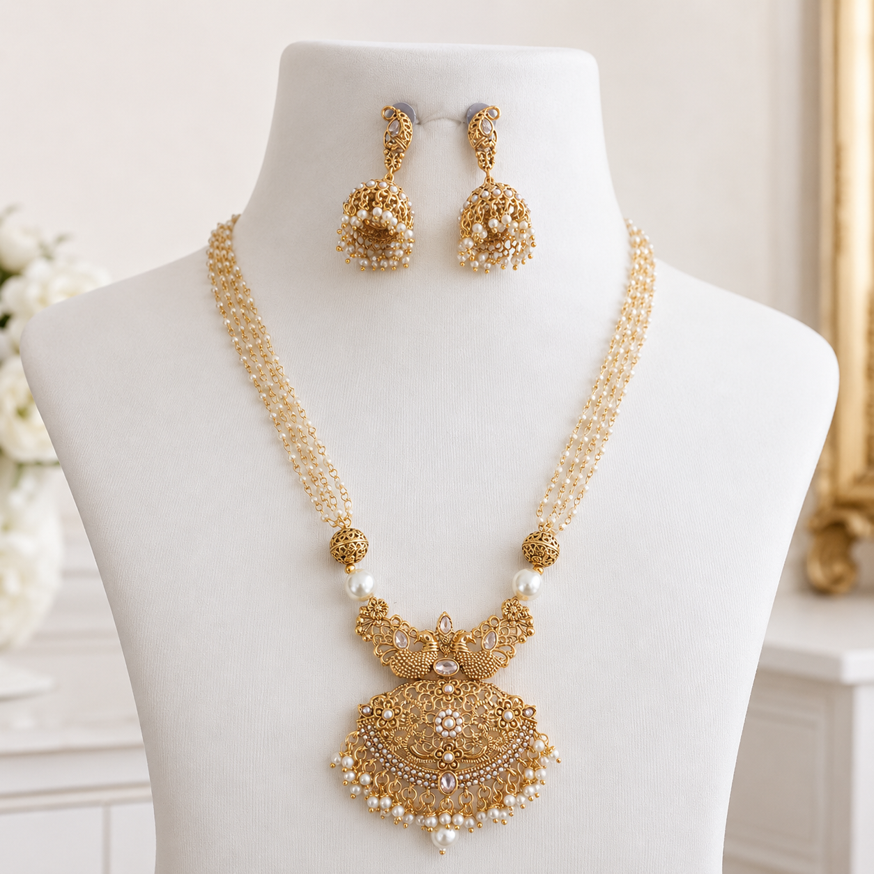 Pearl Necklace Set, Jhumka Earrings Set, Traditional Indian Jewellery, Pakistani Jewellery, Gold Plated Necklace Set, Bridal Jewellery, Wedding Jewellery, Pearl Jewellery, Statement Necklace, Ethnic Jewellery, Festival Jewellery, Women's Jewellery Gift, Luxury Traditional Necklace Set. Main image