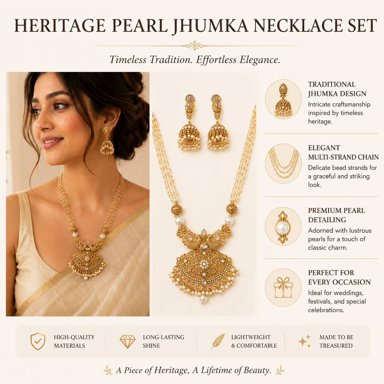 Pearl Necklace Set, Jhumka Earrings Set, Traditional Indian Jewellery, Pakistani Jewellery, Gold Plated Necklace Set, Bridal Jewellery, Wedding Jewellery, Pearl Jewellery, Statement Necklace, Ethnic Jewellery, Festival Jewellery, Women's Jewellery Gift, Luxury Traditional Necklace Set.
