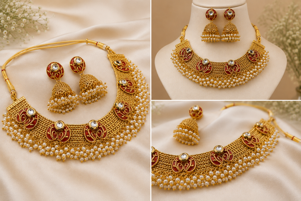 Traditional Kundan Pearl Choker Necklace Set – Gold Plated Indian Pakistani Bridal Jewellery with Jhumka Earrings